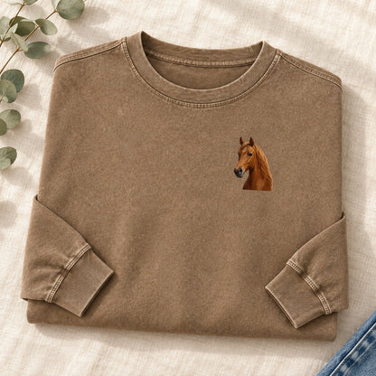 Horse Portrait Left Chest Washed Long Sleeve T-Shirt – Coffee