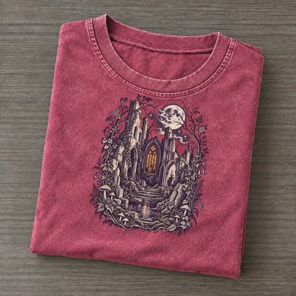 Church Ruins Stained Glass Midnight Haunt Vintage T-shirt – Raspberry