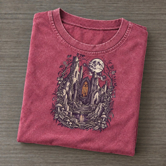 Church Ruins Stained Glass Midnight Haunt Vintage T-shirt – Raspberry