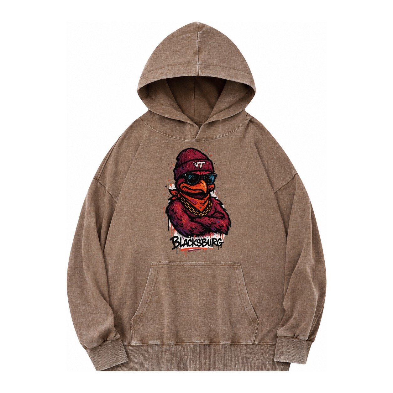 Blacksburg Hokiebird Wearing Virginia Tech Beanie With Vt Pa Vintage Washed Hoodie – Brown