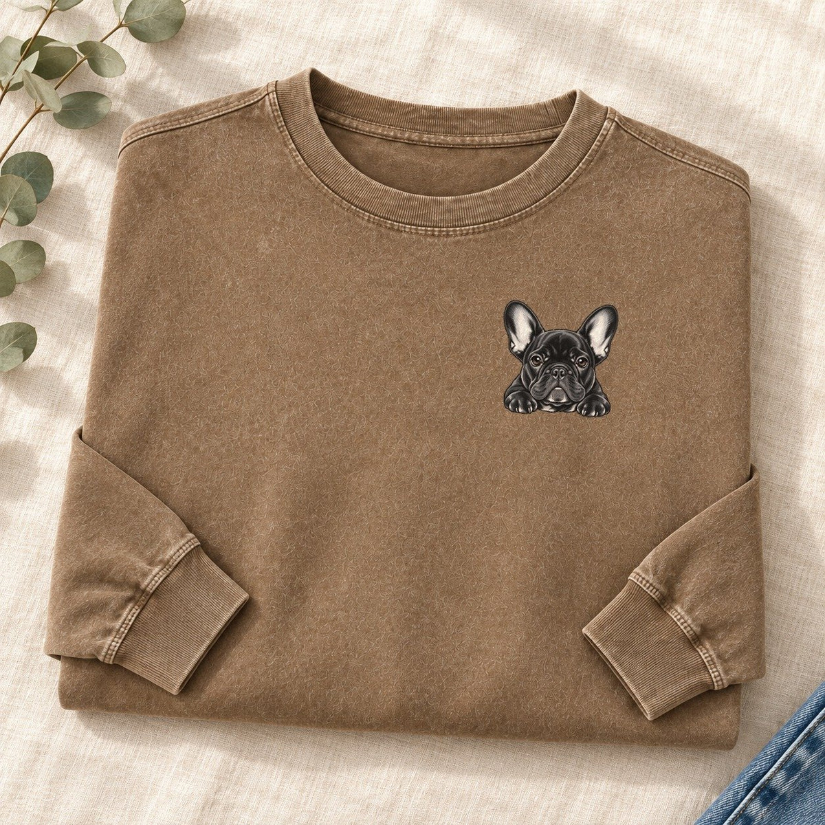 French Bulldog Left Chest Washed Long Sleeve T-Shirt – Coffee