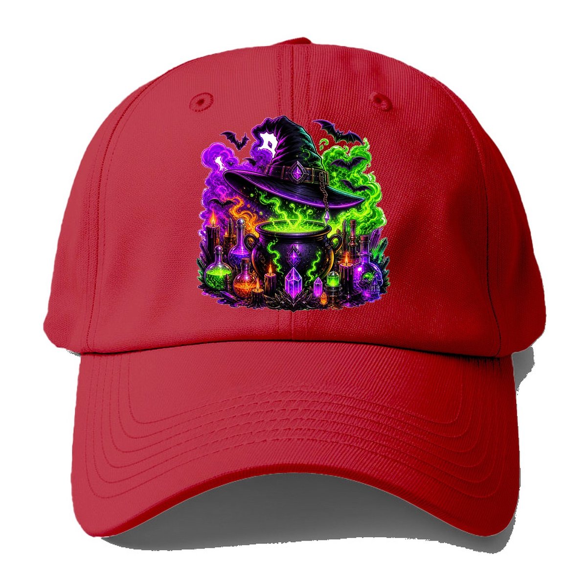 Neon Witch Cauldron Crystal Baseball Cap – Red