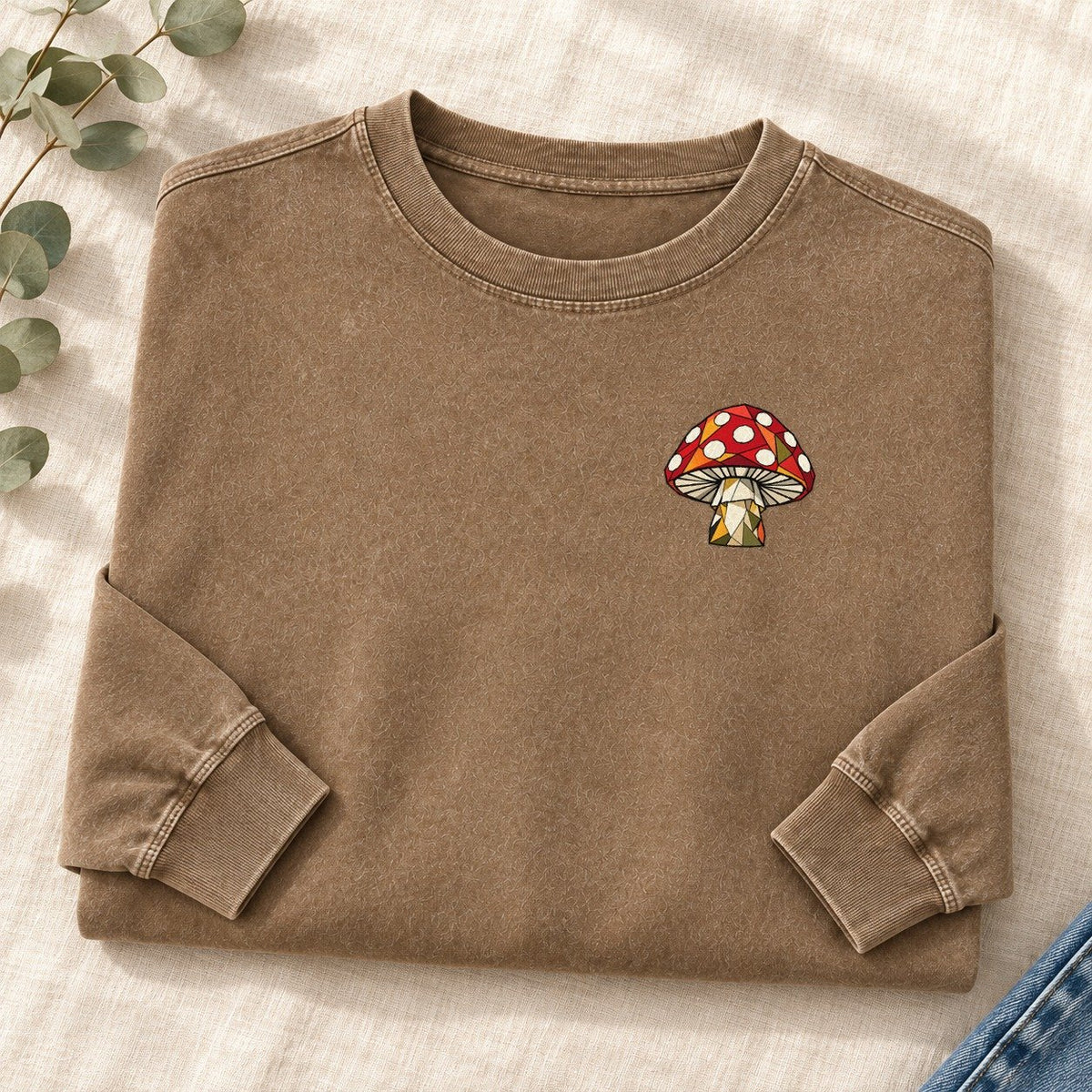 Geometric Mushroom Left Chest Washed Long Sleeve T-Shirt – Coffee