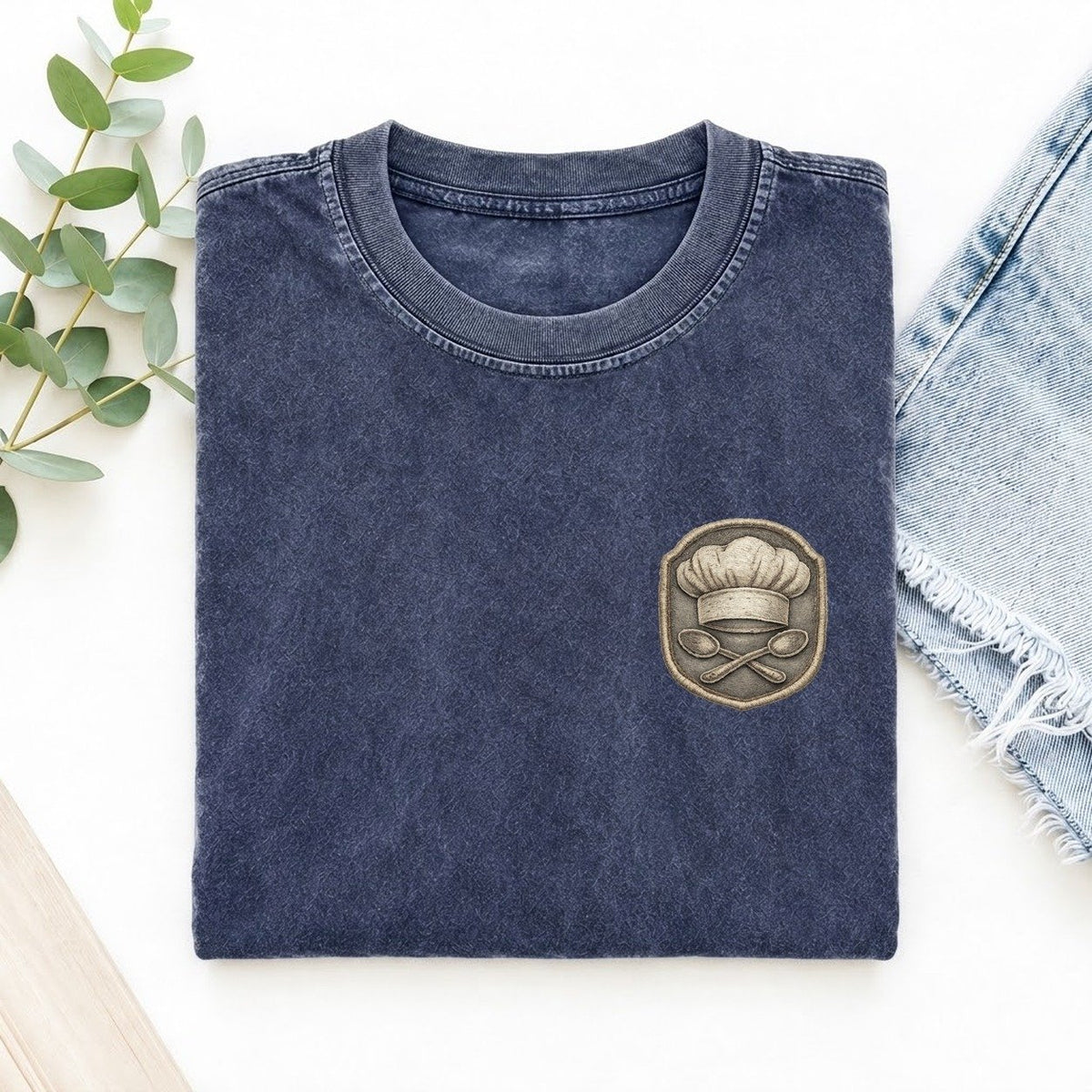 Chef Hat and Crossed Spoons Left Chest Vintage T-shirt – Blue