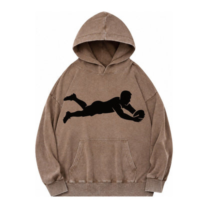 Rugby Player Diving For Try Vintage Washed Hoodie – Brown