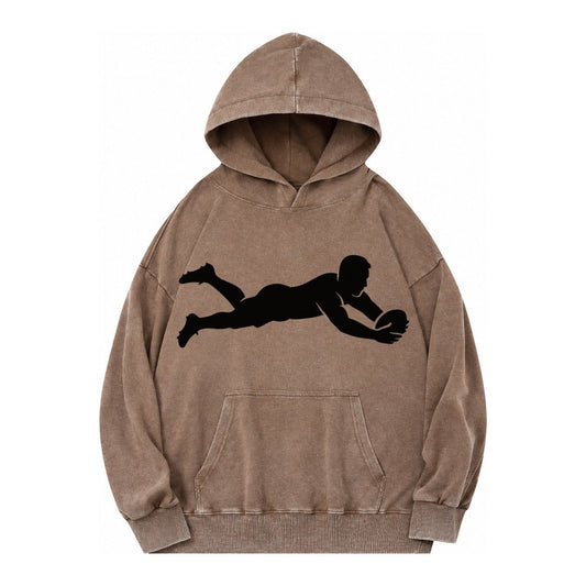 Rugby Player Diving For Try Vintage Washed Hoodie – Brown
