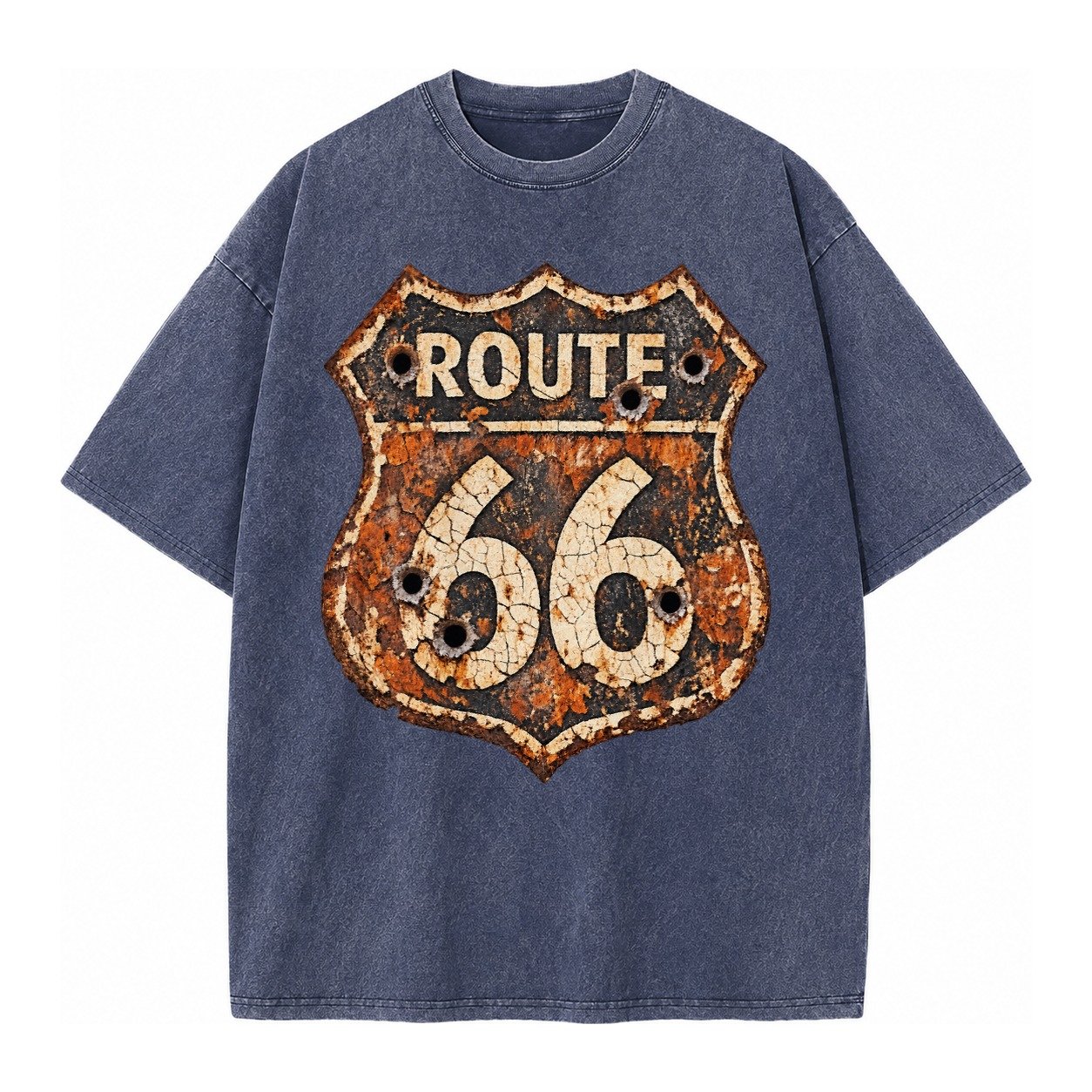 Weathered Marker Rust Aged Route 66 Sign Desert Sun Bleached Vintage T-shirt – Blue