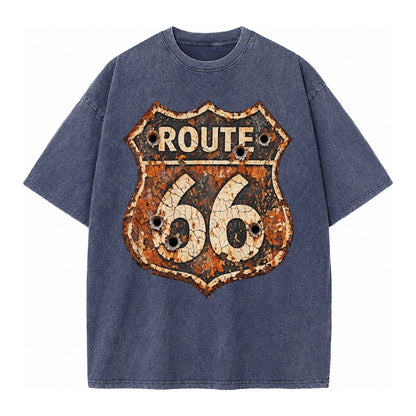 Weathered Marker Rust Aged Route 66 Sign Desert Sun Bleached Vintage T-shirt – Blue