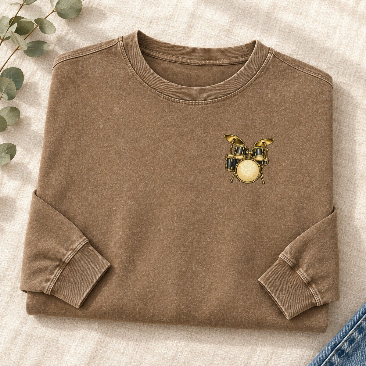 Vintage Drum Kit Left Chest Washed Long Sleeve T-Shirt – Coffee