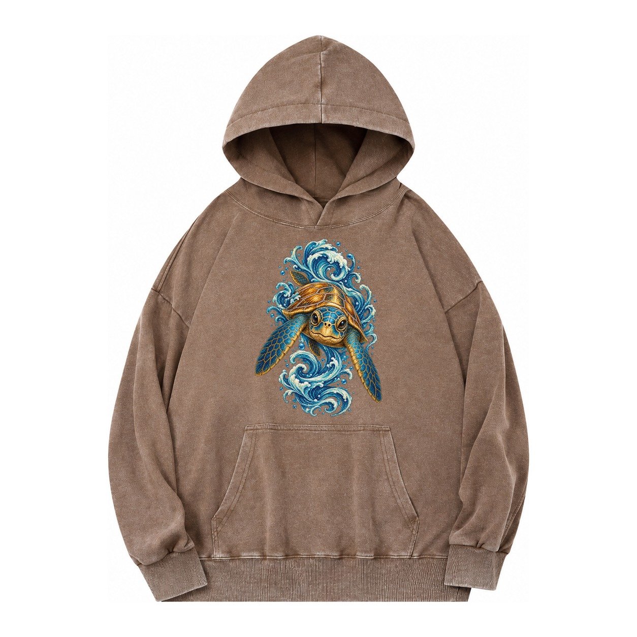Ornate Sea Turtle Vintage Washed Hoodie – Brown