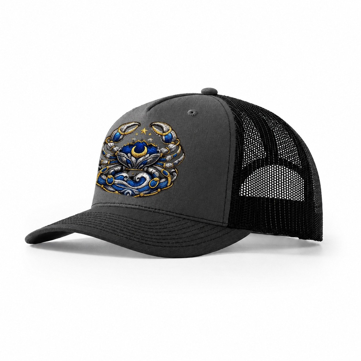 Embroidered Patch Design Cancer Crab Protective Crab In Silv Trucker Hat – Dark Grey-Black