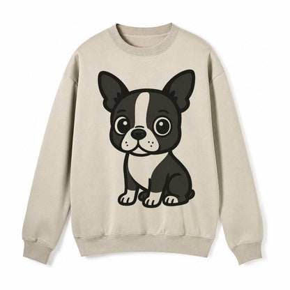 Boston Terrier Black And White Sitting Pose With Tuxedo Mark Fleece Sweatshirt – Light Khaki