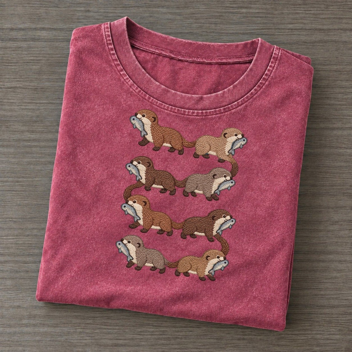Otters With Fish Single File Vintage T-shirt – Raspberry