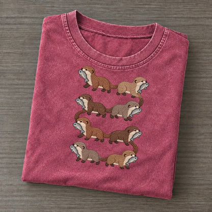 Otters With Fish Single File Vintage T-shirt – Raspberry