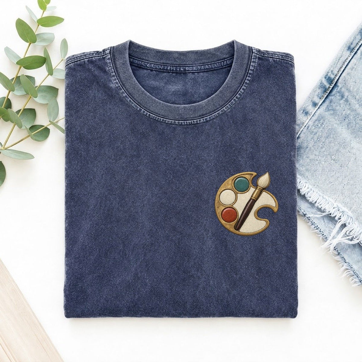 Painter Palette Crescent Keepsake Emblem Left Chest Vintage T-shirt – Blue
