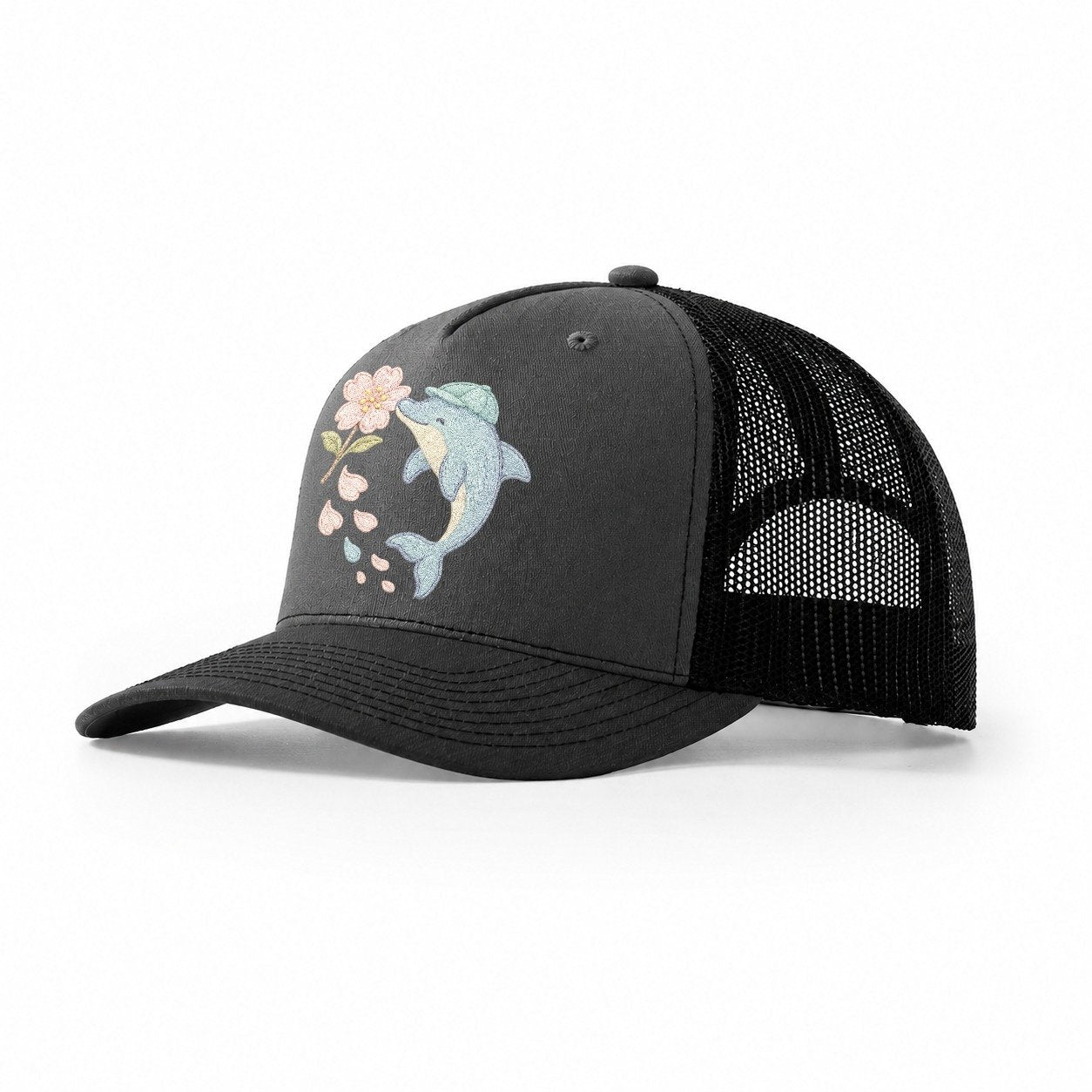 Dolphin Sakura Leap Leaping Through Blossoms Pale Aqua Cap C Trucker Hat – Dark Grey-Black