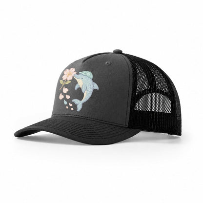 Dolphin Sakura Leap Leaping Through Blossoms Pale Aqua Cap C Trucker Hat – Dark Grey-Black