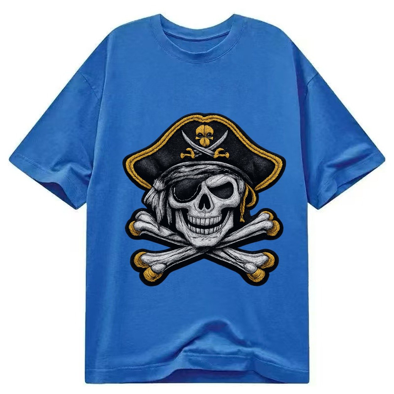Embroidered Patch Design Pirate Skull Jolly Roger Skull In B Classic T-shirt – Blue