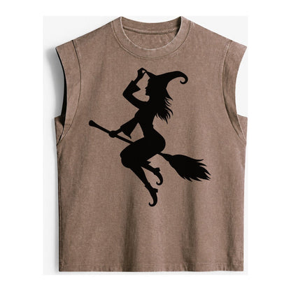 202308151409 Witch On Broom 4 Vintage Washed Tank – Brown