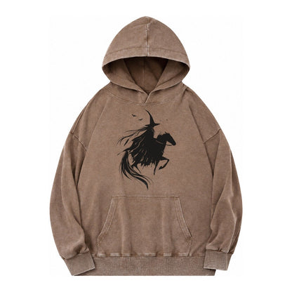 Witch On Horse Vintage Washed Hoodie – Brown