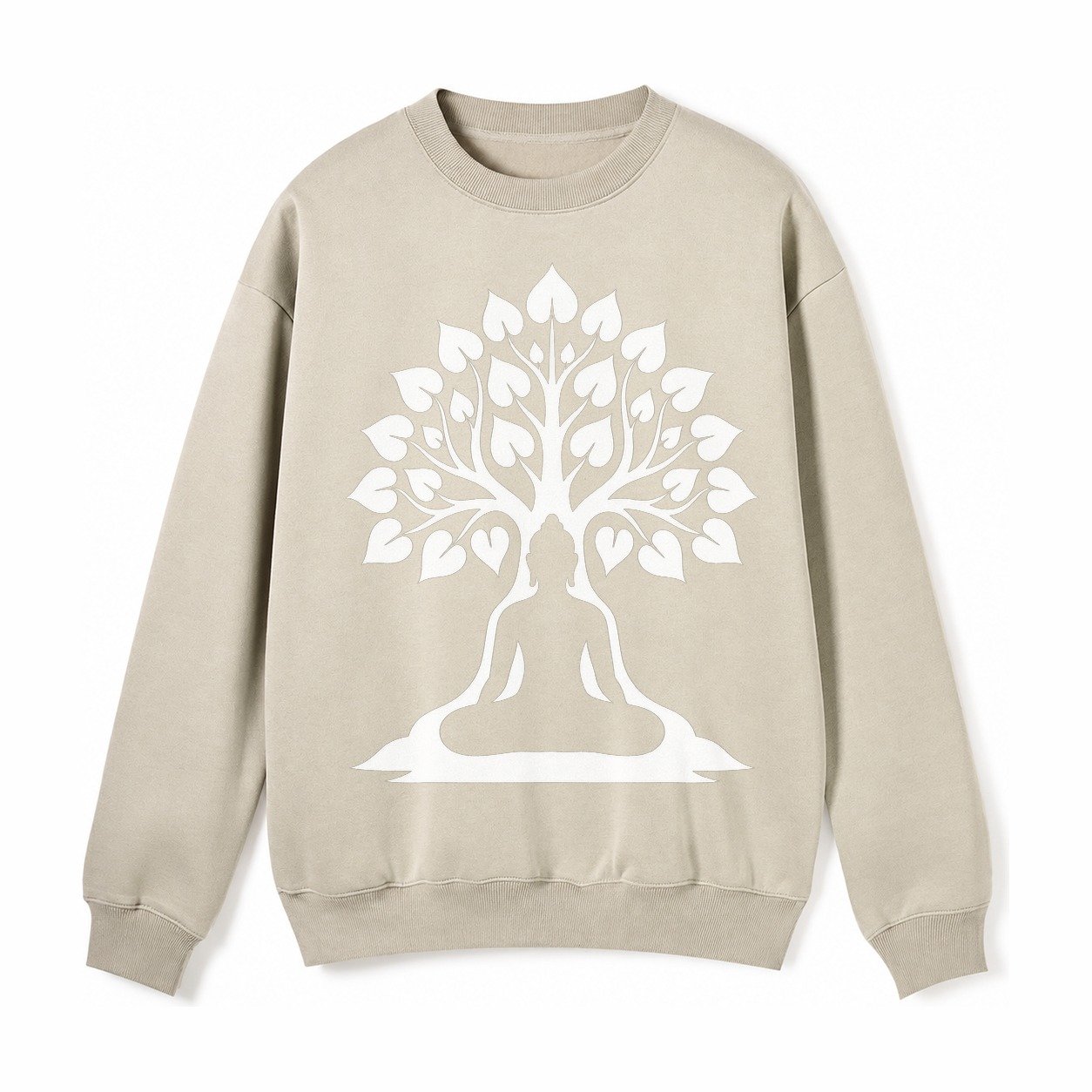 Buddha Silhouette Meditating Negative Space Forms Bodhi Tree Fleece Sweatshirt – Light Khaki