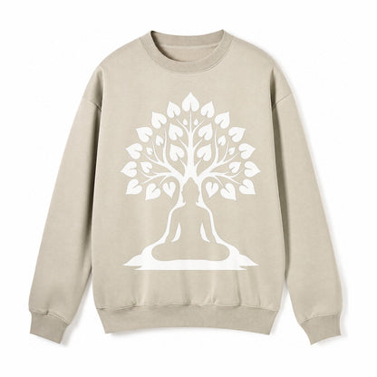 Buddha Silhouette Meditating Negative Space Forms Bodhi Tree Fleece Sweatshirt – Light Khaki