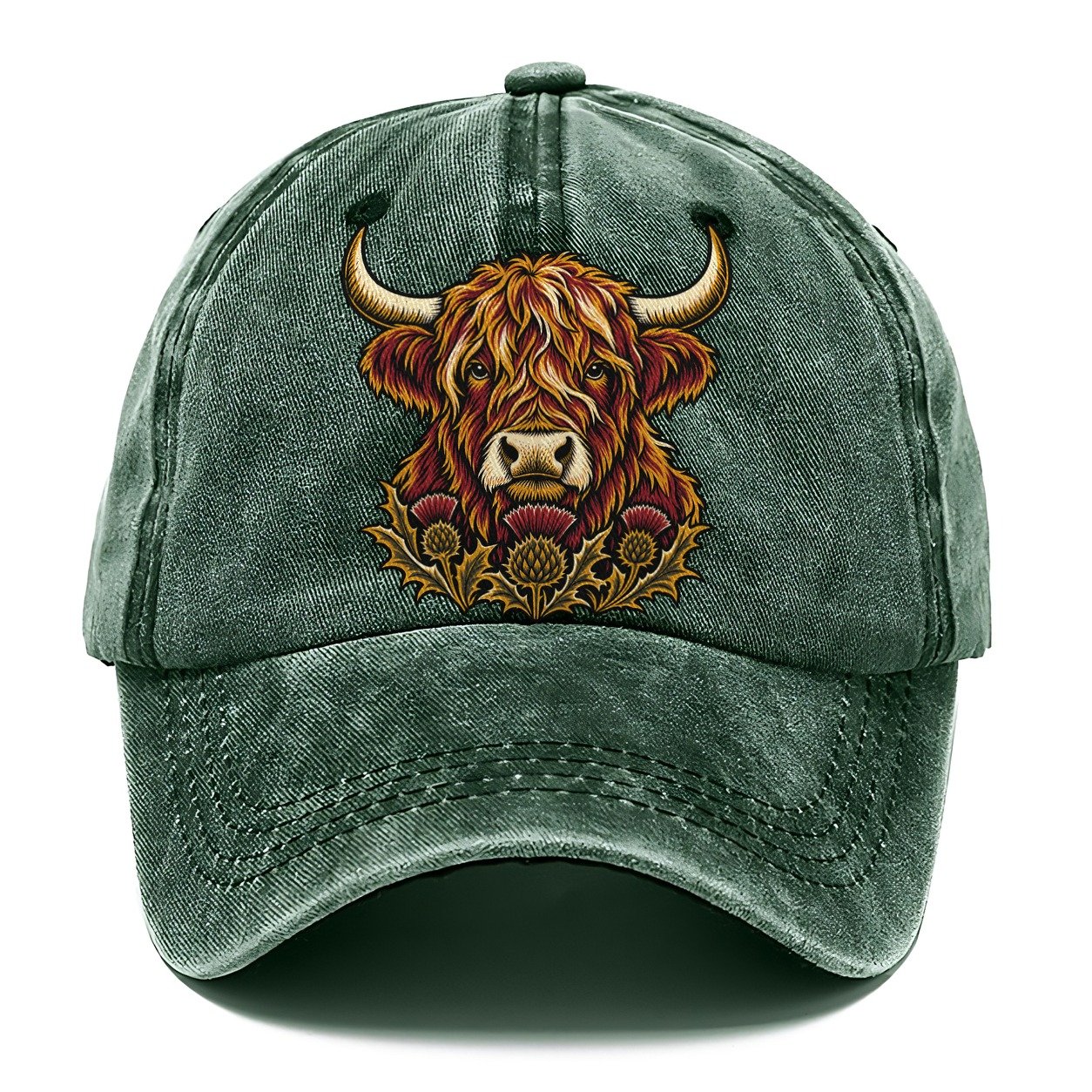 Highland Cow With Thistle Meadow Uk Culture Heritage Classic Cap – Forest Mist