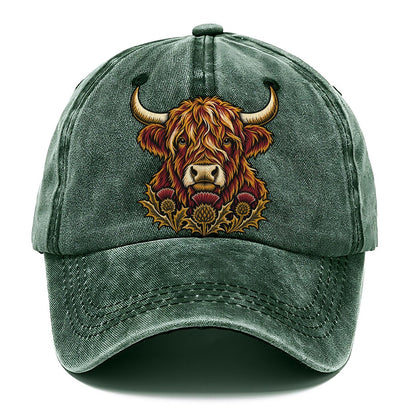 Highland Cow With Thistle Meadow Uk Culture Heritage Classic Cap – Forest Mist