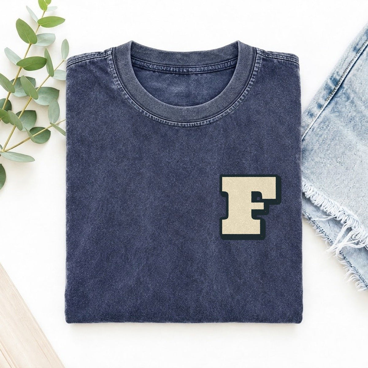 Initial F Left Chest Vintage T-shirt – Blue
