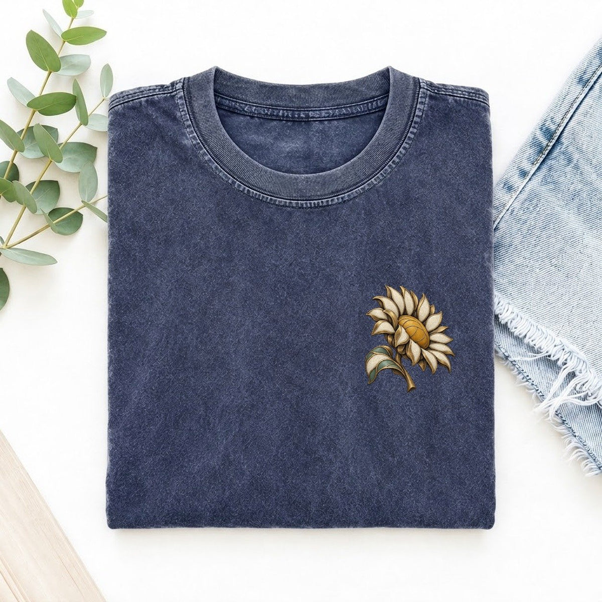 Sunflower Quarter Turn Keepsake Emblem Left Chest Vintage T-shirt – Blue