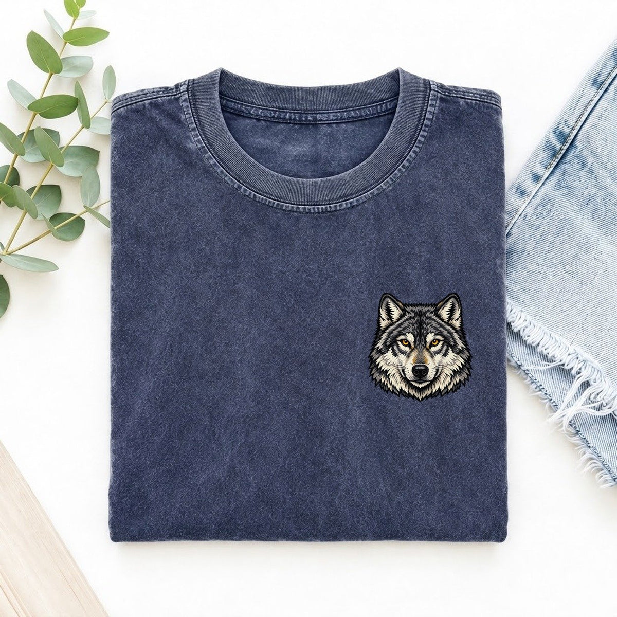 Golden Eyed Wolf Left Chest Vintage T-shirt – Blue