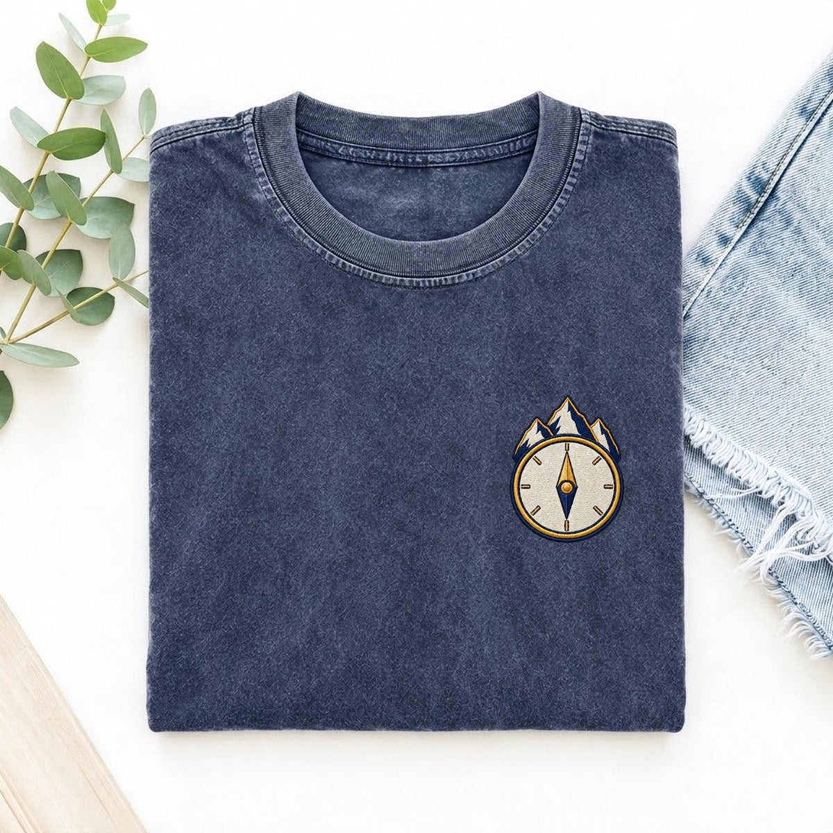 Mountain Compass Symbol Emblems Left Chest Vintage T-shirt – Blue