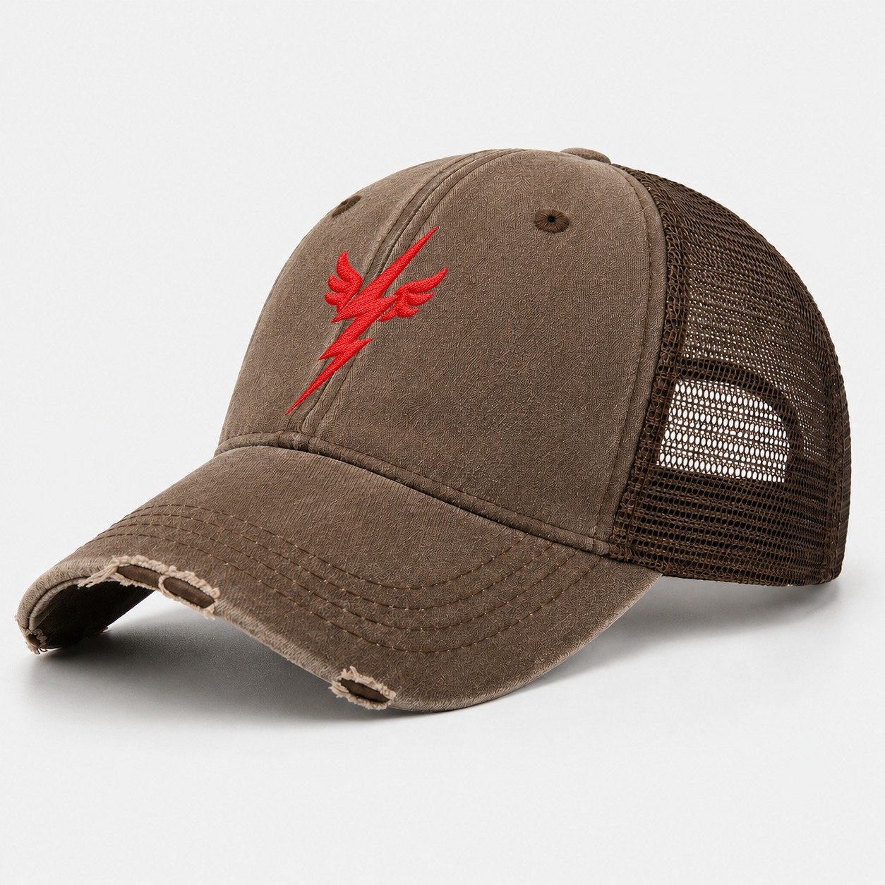Winged Lightning Bolt Micro Motion Mark Washed Trucker Hat – Coffee