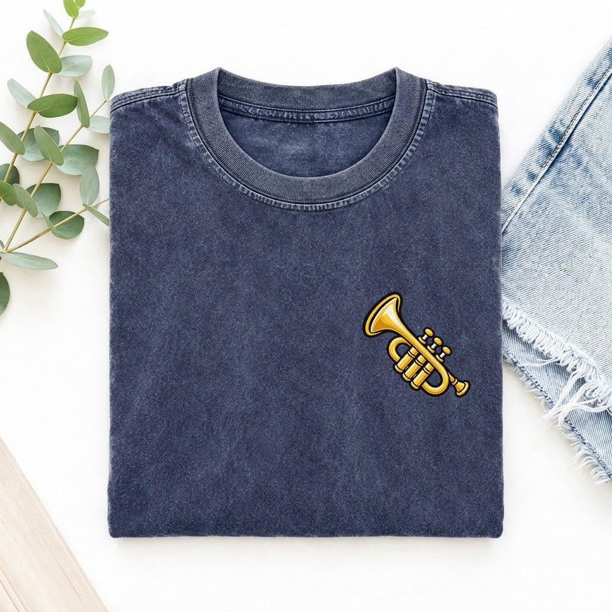 Golden Trumpet Left Chest Vintage T-shirt – Blue