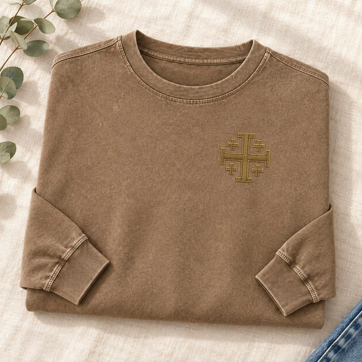 Jerusalem Cross Left Chest Washed Long Sleeve T-Shirt – Coffee