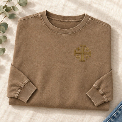 Jerusalem Cross Left Chest Washed Long Sleeve T-Shirt – Coffee