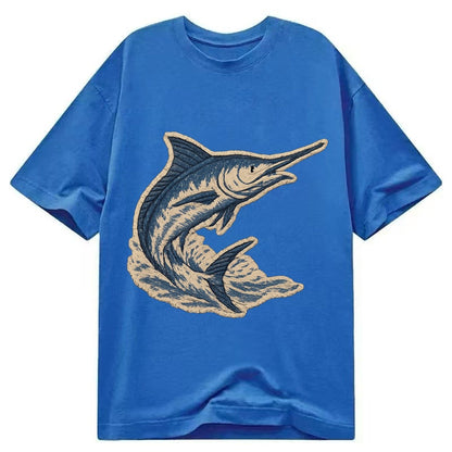 Embroidered Patch Design Swordfish Marlin Leaping Marlin In Classic T-shirt – Blue