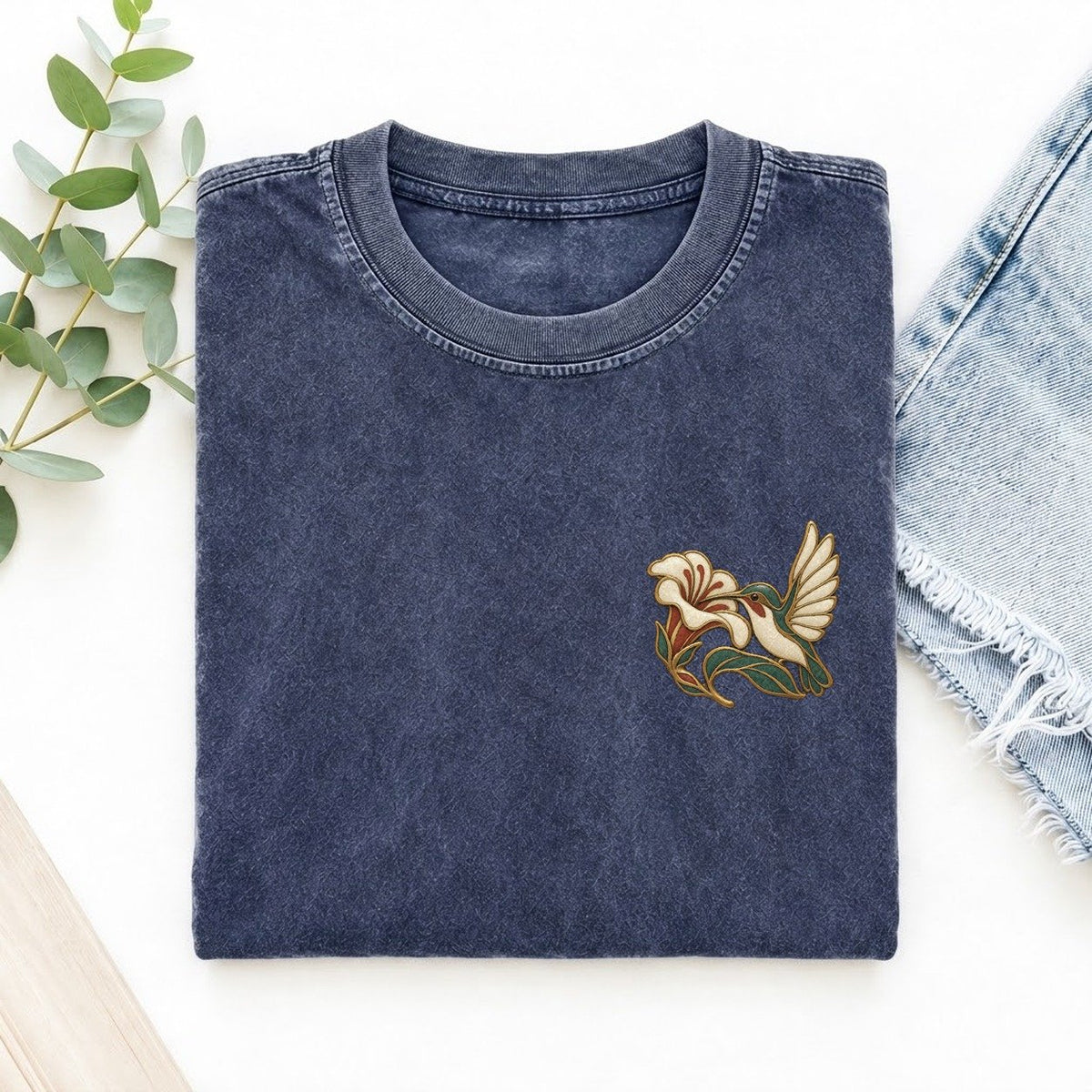 Hummingbird Trumpet Keepsake Emblem Left Chest Vintage T-shirt – Blue