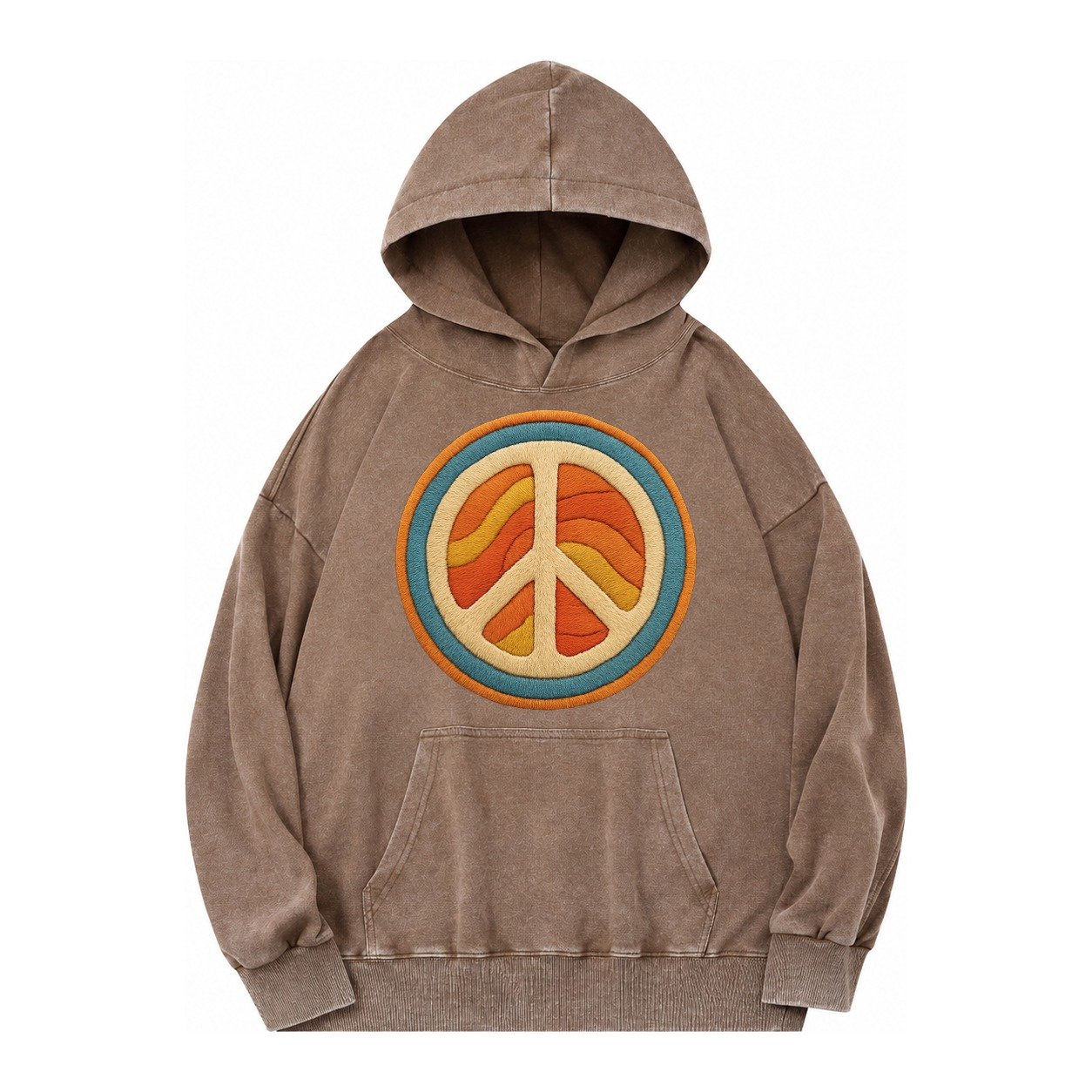 Retro Peace Harmony Vintage Washed Hoodie – Brown