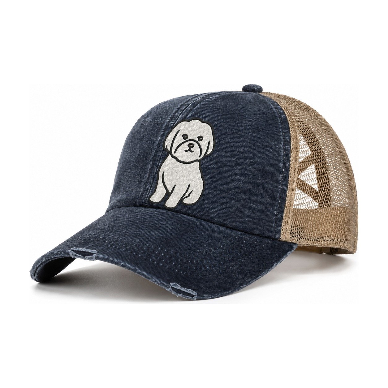 Maltese Pure White Fluffy Embroidered Design Women's Ponytail Trucker Hat – Navy Khaki