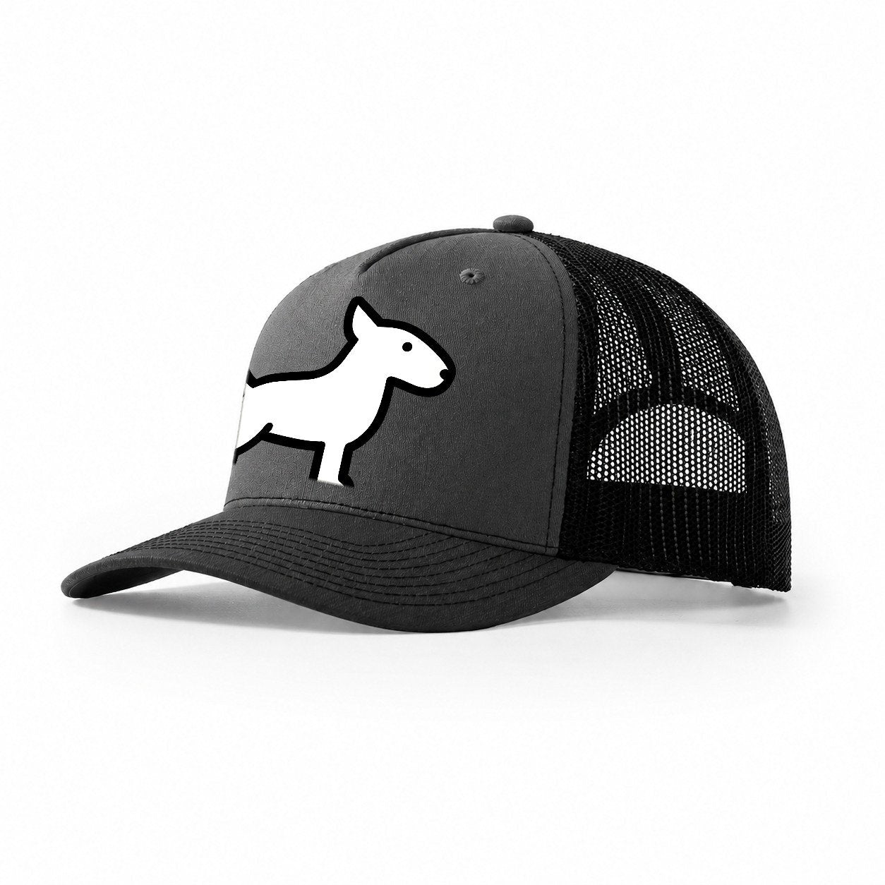 Bull Terrier White Egg Shaped Head Flat Side Profile Trucker Hat – Dark Grey-Black
