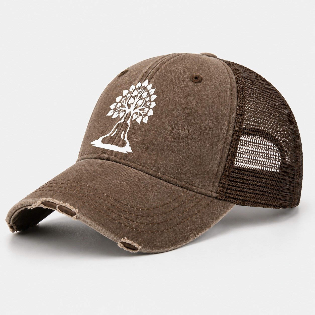 Buddha Silhouette Meditating Negative Space Forms Bodhi Tree Washed Trucker Hat – Coffee