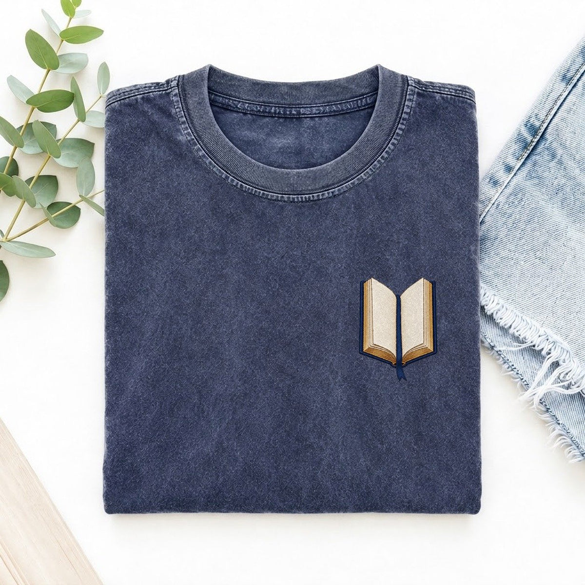 Open Book Symbol Emblems Left Chest Vintage T-shirt – Blue