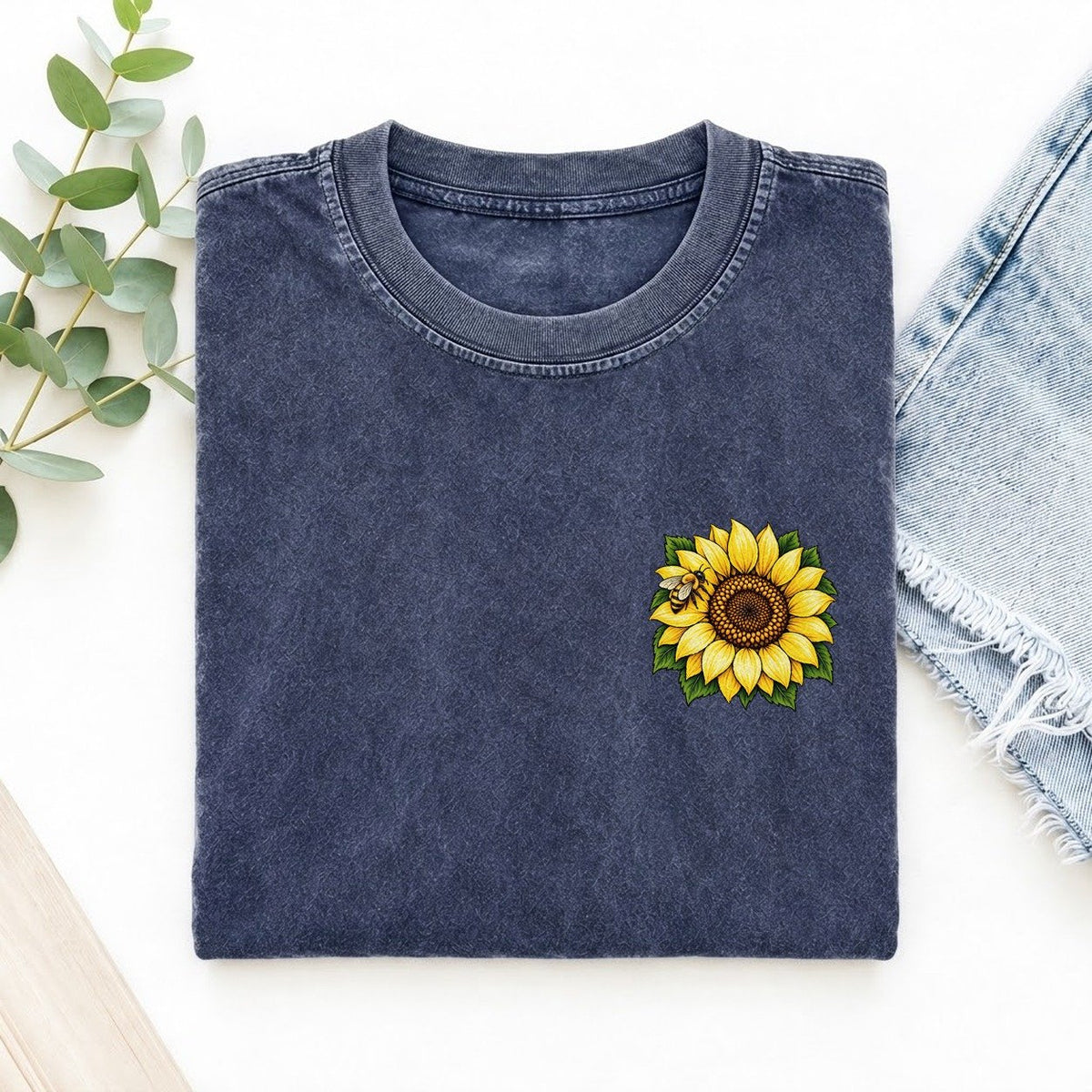 Vintage Sunflower Left Chest Vintage T-shirt – Blue