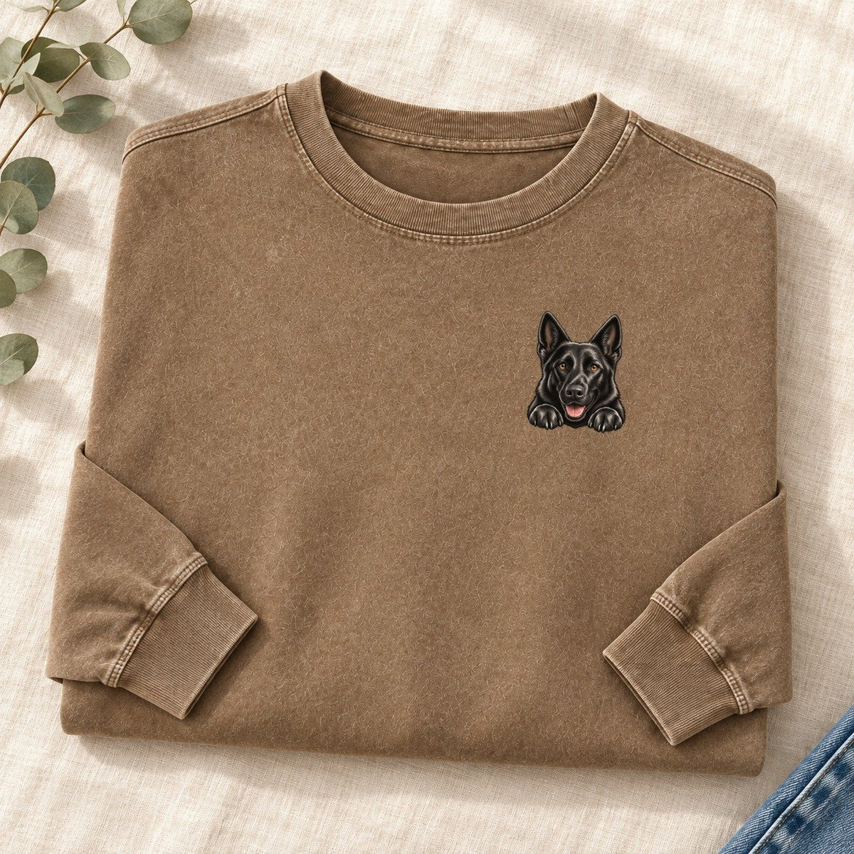 Black German Shepherd Left Chest Washed Long Sleeve T-Shirt – Coffee