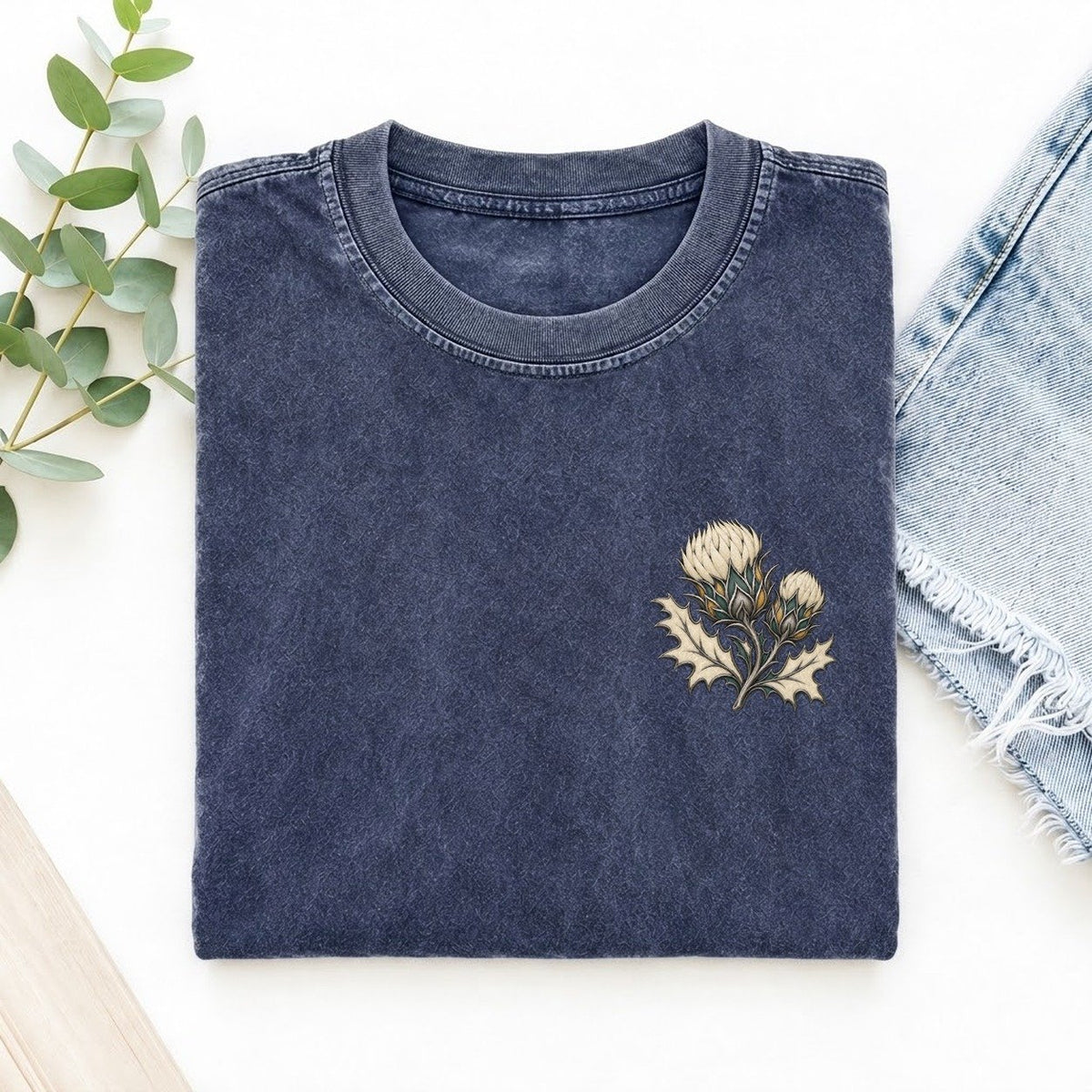Thistle Bud Pair Keepsake Emblem Left Chest Vintage T-shirt – Blue