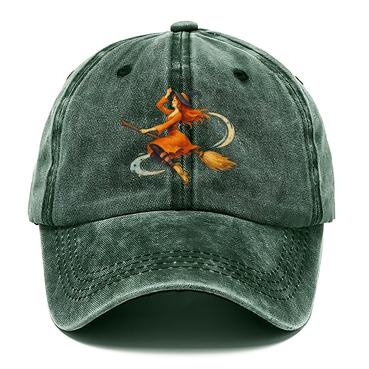 Reimagined Vintage Charm: Enchanting Witch On Broom Classic Cap – Forest Mist
