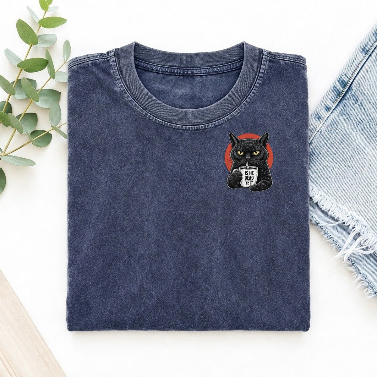 Is He Dead Yet Cat Left Chest Vintage T-shirt – Blue