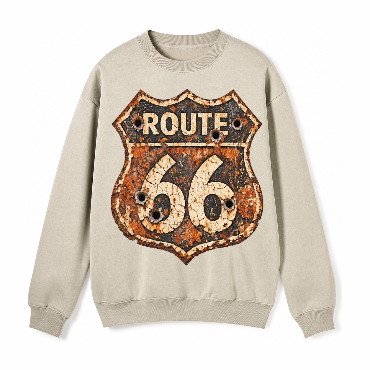Weathered Marker Rust Aged Route 66 Sign Desert Sun Bleached Fleece Sweatshirt – Light Khaki
