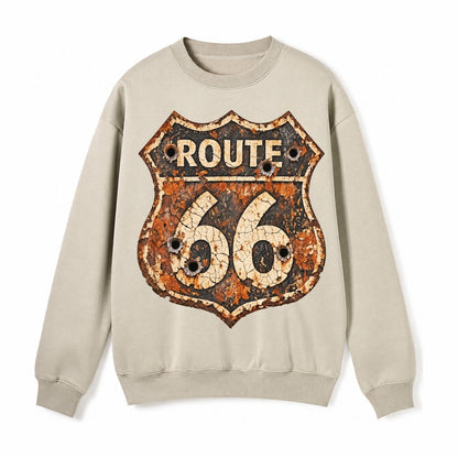 Weathered Marker Rust Aged Route 66 Sign Desert Sun Bleached Fleece Sweatshirt – Light Khaki